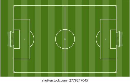 Overhead Soccer Field Vector Layout with Green Grass Pitch and Strategy Lines.A professional top view vector illustration of a soccer field featuring green field grass and crisp white field lines. This overhead pitch includes goal nets and markings, making it a perfect background for a score board, scoreboard, or footballer and players strategy planning. 