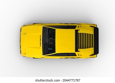 Overhead View 3D Illustration Of A Yellow And Black Cyberpunk Style Futuristic Car Isolated On A White Background.