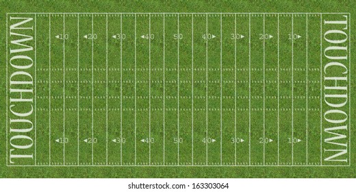 An Overhead View Of An American Football Field With White Markings Painted On Grass.