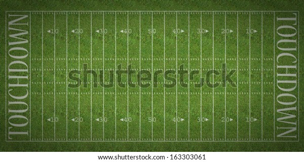 An overhead view of an american
football field with white markings painted on
grass.