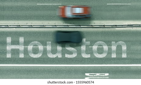 Overhead View Of The Busy Car Road With Houston Text. Travel To The United States 3D Rendering