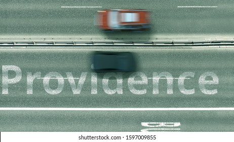 Overhead View Of The Busy Car Road With Providence Text. Travel To The United States 3D Rendering