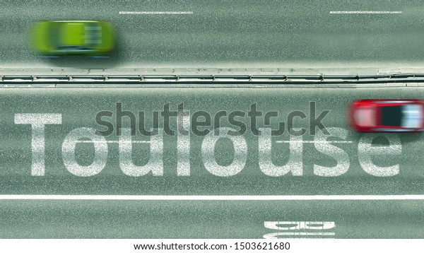 Overhead view of the busy car road with\
Toulouse text. Travel to France 3D\
rendering