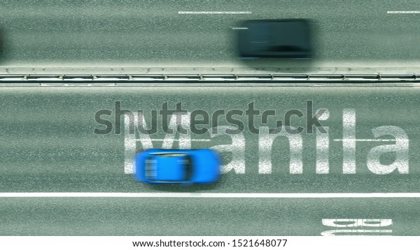 Overhead view of the busy car road with\
Manila text. Travel to Philippines 3D\
rendering