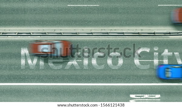 Overhead view of the busy car road with\
Mexico City text. Travel to Mexico 3D\
rendering