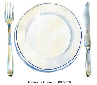 Overhead View Of Empty White Plate With Fork And Knife. Watercolor Hand Drawn Isolated Illustration.