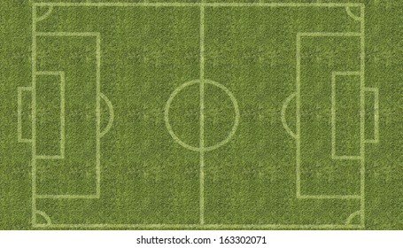 An Overhead View Of A Football Soccer Pitch With White Markings Painted On Grass.