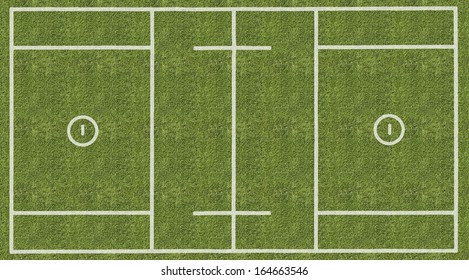 An Overhead View Of A Mens Lacrosse Playing Field With White Markings Painted On Grass.