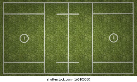 An Overhead View Of A Mens Lacrosse Playing Field With White Markings Painted On Grass.