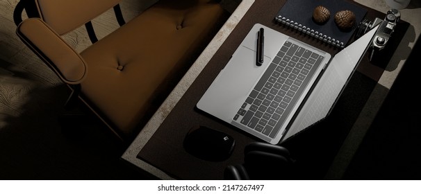Overhead view, Modern hipster male workspace with portable laptop computer, headphone, camera and accessories on stylish table with comfortable brown chair. 3d rendering, 3d illustration