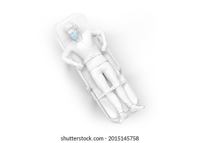 Overhead View Of A Patient In Medical Mask On An Ambulance Stretcher. 3D Illustration. Isolated On White