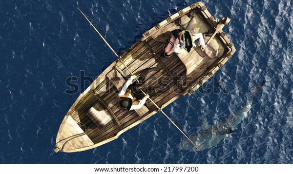 船の横で泳ぐサメや大魚の頭上から見ると 舵には小型の衣装を着た女性の海賊が乗り ヒゲの男性がオールを引く のイラスト素材