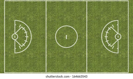 An Overhead View Of A Womens Lacrosse Playing Field With White Markings Painted On Grass.