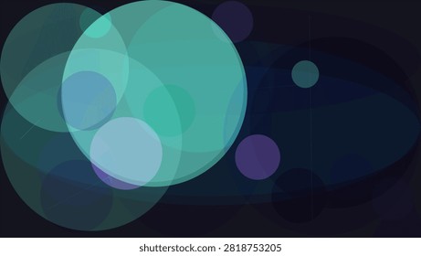 Overlapping translucent circles in teal, purple, and white on a dark blue gradient background with smooth transitions and soft lighting effects.