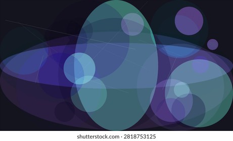 Overlapping translucent spheres with gradient hues of deep blue, purple, and teal create a layered visual effect. The composition smooth transitions between colors...