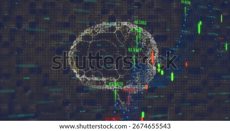 Overlaying wireframe brain model in virtual grid with candlesticks clusters labels and trend curves. Technology, innovation, analytics, visualization, digital, artificial intelligence, futurism
