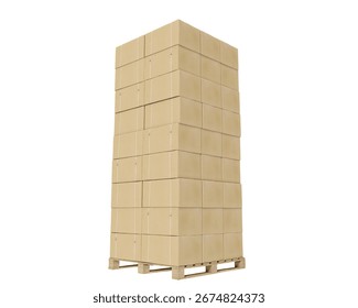 Overloading of pallet packaging, isolated on a white background. Big stack of carton boxes on a wooden platform. 3D illustration