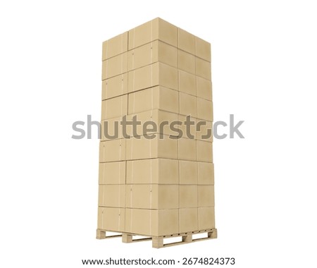 Overloading of pallet packaging, isolated on a white background. Big stack of carton boxes on a wooden platform. 3D illustration