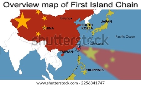 Overview map of first island chain between Japan, South Korea, Taiwan, Philippines and China