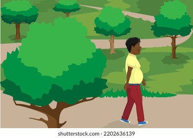 Overweight Man Walking Outdoors In The Forest