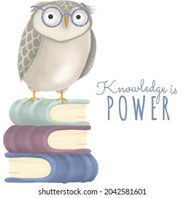 Owl with books with glasses sublimation design. Knowledge is power quote. Cute magic bird. Wizard school. Back to school illustration. Cozy art for autumn and winter. Education and students art.