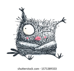 Owl Cute Curious sitting Looking with One Eye. Funny kids owl character pencil style hand drawn, scratchy scribble doddle.