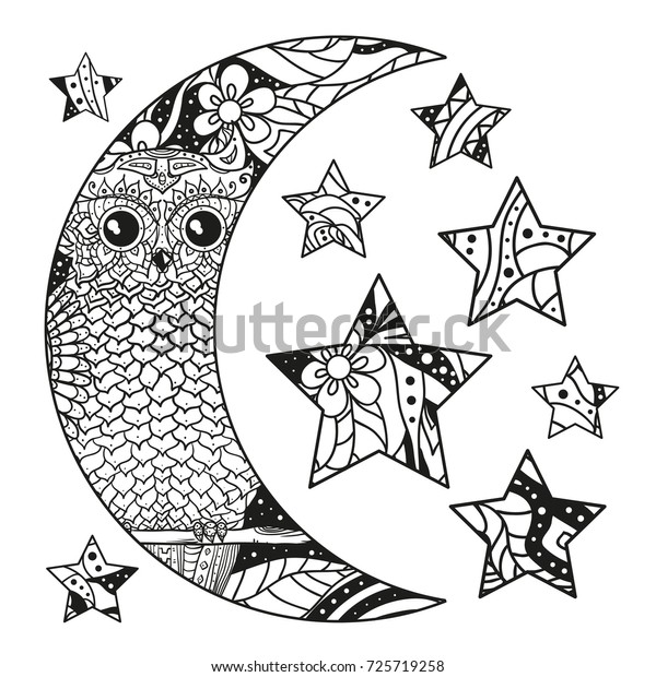 Owl. Moon and star with abstract patterns on\
isolation background. Owl. Bird. Design for spiritual relaxation\
for adults. Black and white illustration for anti stress colouring\
page. Print\
t-shirts