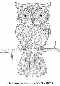 Owl on a branch coloring book for adults raster illustration. Anti-stress coloring for adult. Zentangle style bird. Black and white lines. Lace pattern