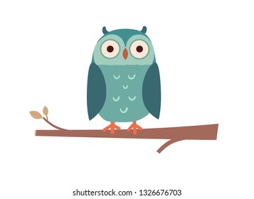 Owl on a branch, cute blue owl on a tree branch, white background