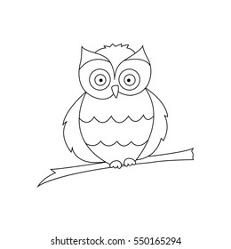Owl sitting on a branch are drawn with thin lines for coloring