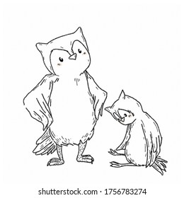 Owls Disgruntled Father And Guilty Disappointing Son. Children's Illustration, Family Psychology, Cute Animals, Family Relationships. Pictures For Instagram Posts.