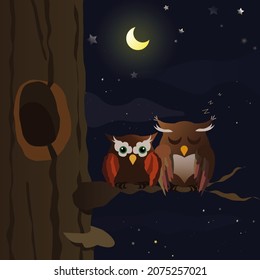 
Owls on a branch. Winter cozy illustration. Image for a postcard or background