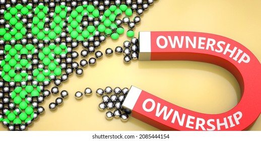 Ownership attracts success - pictured as word Ownership on a magnet to symbolize that Ownership can cause or contribute to achieving success in work and life, 3d illustration