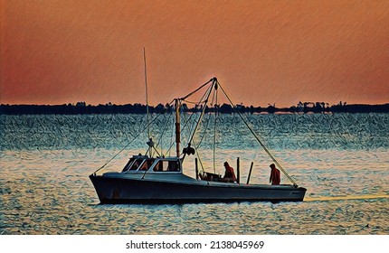 Oyster Dredge Boat At Sunrise, Chesapeake Bay, Illustration 