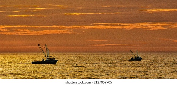 Oyster Dredge Boats At Sunrise, Chesapeake Bay, Illustration 