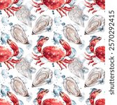 Oysters, crab and crushed ice watercolor seamless pattern. Delicacy seafood hand drawn illustration isolated on white with brush strokes and splashes for food design, cafe, wallpapers, textile, fabric