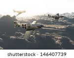 P51 vintage mustangs returning home from a mission high above the clouds. High resolution 3d model scene