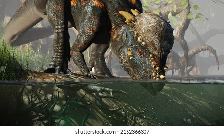 Pachycephalosaurus, Dinosaur  Drinking At A Waterhole, 3d Paleoart Illustration