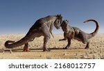 Pachycephalosaurus, dinosaurs head-butting each other in a desert landscape (3d paleoart rendering)  