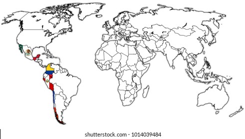 Pacific Alliance Member Countries Flags On World Map With National Borders