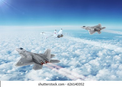 PACIFIC COAST, UNITED STATES - CIRCA APRIL 2017: Aerial View Of Two U.S. Air Force Lockheed/Boeing F-22 Raptor Planes Intercept Russia's MiG-29 Jet Fighter. 3D Illustration.