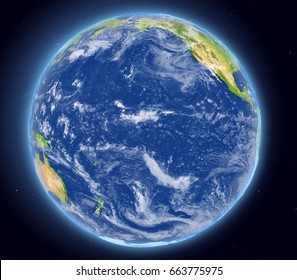 Pacific Ocean On Planet Earth As Seen From Space. 3D Illustration With Detailed Planet Surface. Elements Of This Image Furnished By NASA.