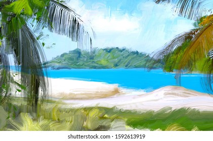 Pacific ocean. Tropical Island shore. Seaside. Hot summer day. 2d illustration. Digital painting. - Shutterstock ID 1592613919