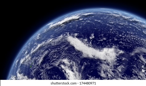 Pacific Ocean Viewed From Space With Atmosphere And Clouds. Elements Of This Image Furnished By NASA.