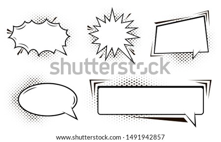 Pack of detailed empty comic speech bubbles. Black isolated on white background. Vintage art style graphic elements. Hand drawn text comics bubbles