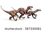 pack of Dromaeosaurs, hunting theropod dinosaurs, 3d illustration isolated on white background 