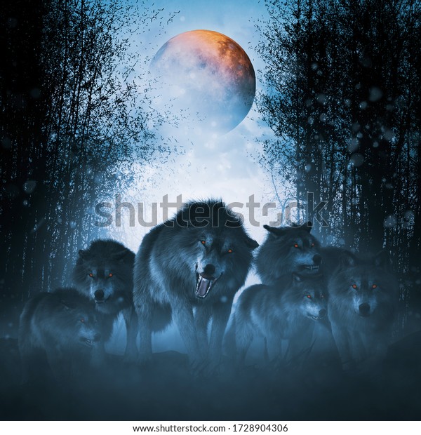赤い月の群れ 森の中の獰猛な狼のグループ 3dイラスト のイラスト素材