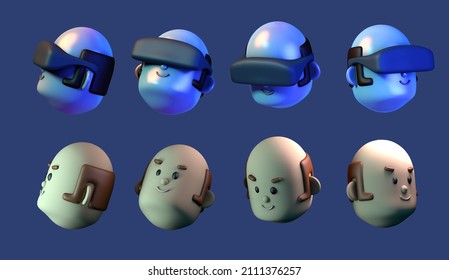 Pack Set Of Bald Male Character Metaverse Digital Technology Future VR Virtual Reality Cyber Simulation Glasses Headset  Blockchain Avatar Network Futuristic 3d Rendering Illustration