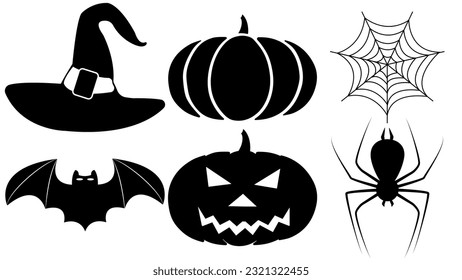 Pack set of halloween symbols black isolated with white background. Free illustration for print. Illustration. Halloween silhouette.