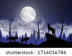 Pack of wolves with one wolf howling at a moon on a hill in a forest. Illustration